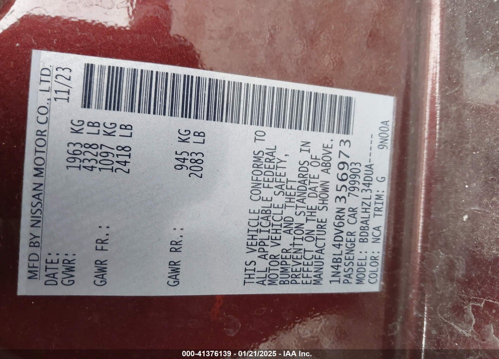 2024 NISSAN ALTIMA SV FWD VIN: 1N4BL4DV6RN356973