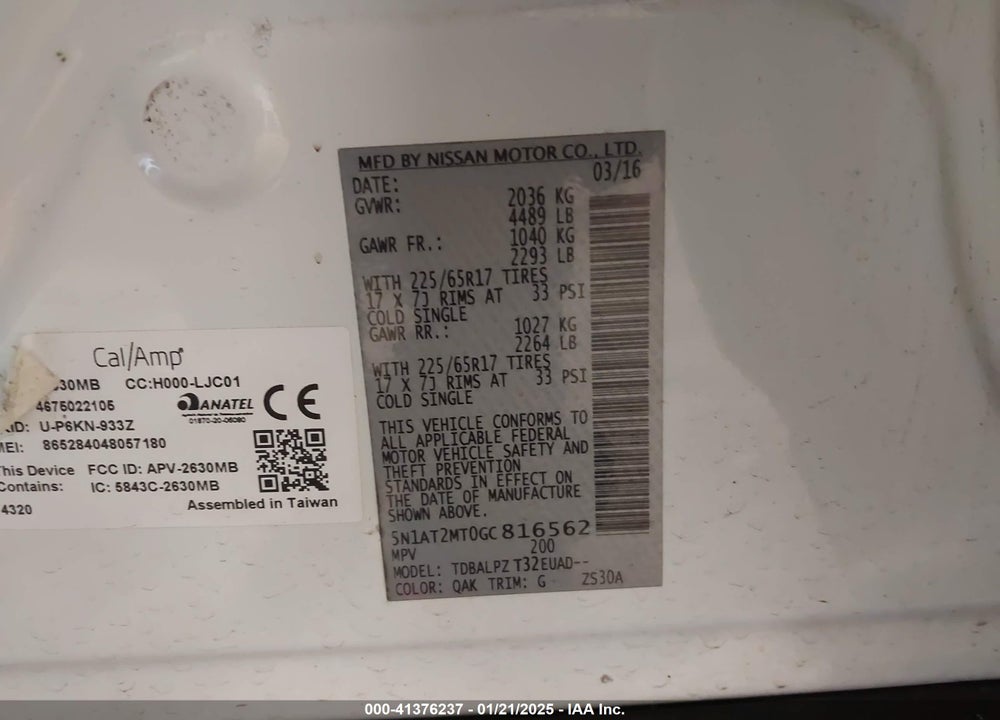 2016 NISSAN ROGUE S/SL/SV VIN: 5N1AT2MT0GC816562