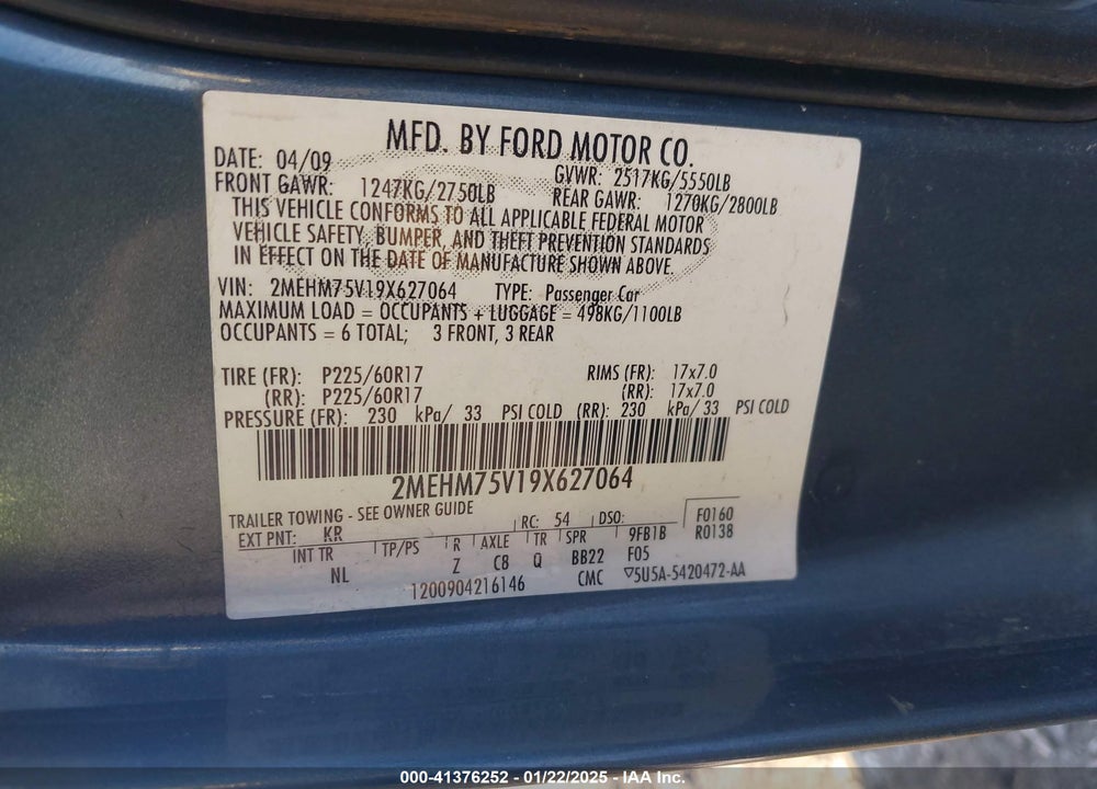 2009 MERCURY GRAND MARQUIS LS (FLEET ONLY) VIN: 2MEHM75V19X627064