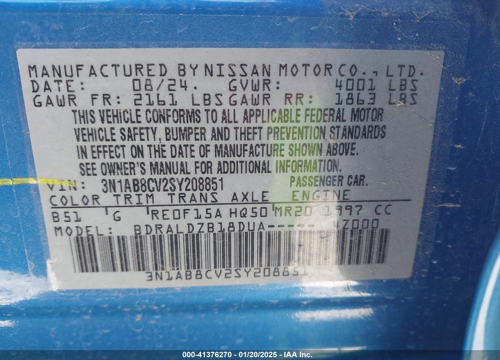 2025 NISSAN SENTRA SV VIN: 3N1AB8CV2SY208851