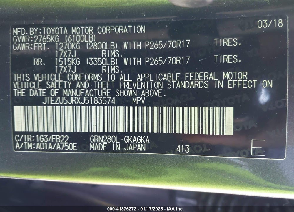 2018 TOYOTA 4RUNNER SR5 VIN: JTEZU5JRXJ5183574