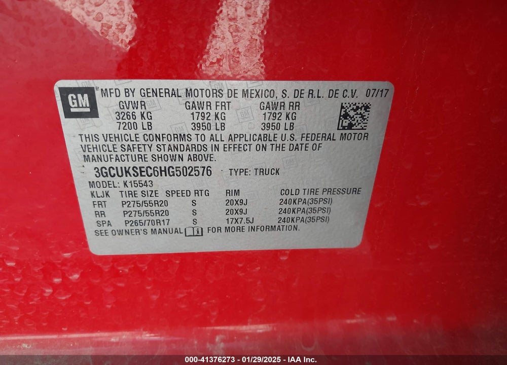 2017 CHEVROLET SILVERADO K1500 LTZ VIN: 3GCUKSEC6HG502576