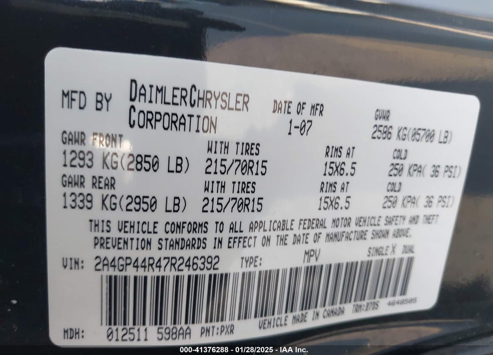 2007 CHRYSLER TOWN & COUNTRY LX VIN: 2A4GP44R472246392