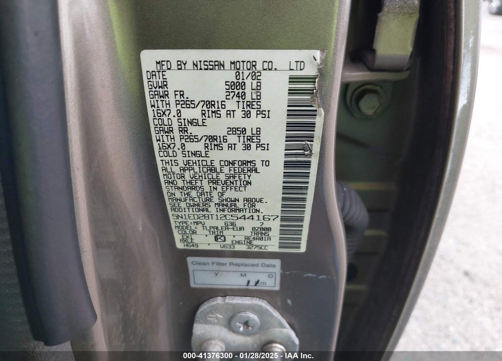 2002 NISSAN XTERRA XE VIN: 5N1ED28T12C544167