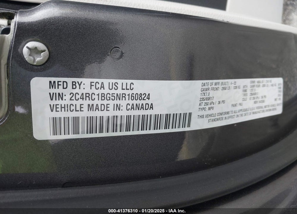2022 CHRYSLER PACIFICA TOURING L VIN: 2C4RC1BG5NR160824