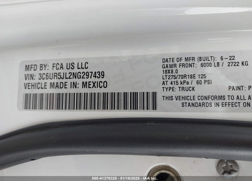 2022 RAM 2500 BIG HORN 4X4 8' BOX VIN: 3C6UR5JL2NG297439