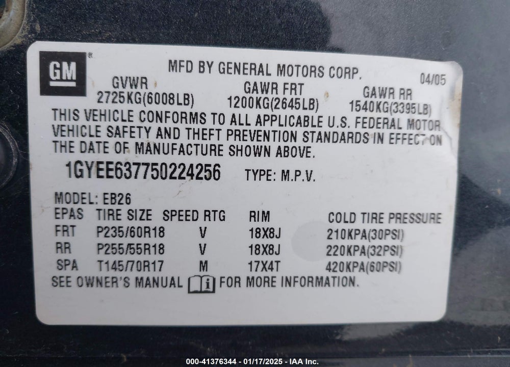 2005 CADILLAC SRX V6 VIN: 1GYEE637750224256