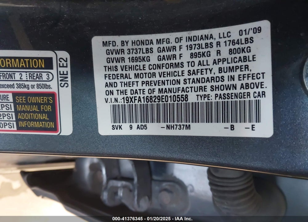 2009 HONDA CIVIC EX VIN: 19XFA16829E010558