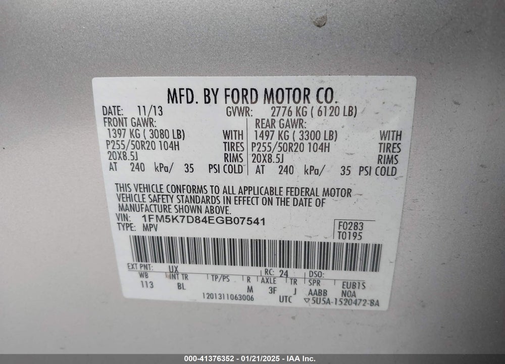 2014 FORD EXPLORER XLT VIN: 1FM5K7D84EGB07541