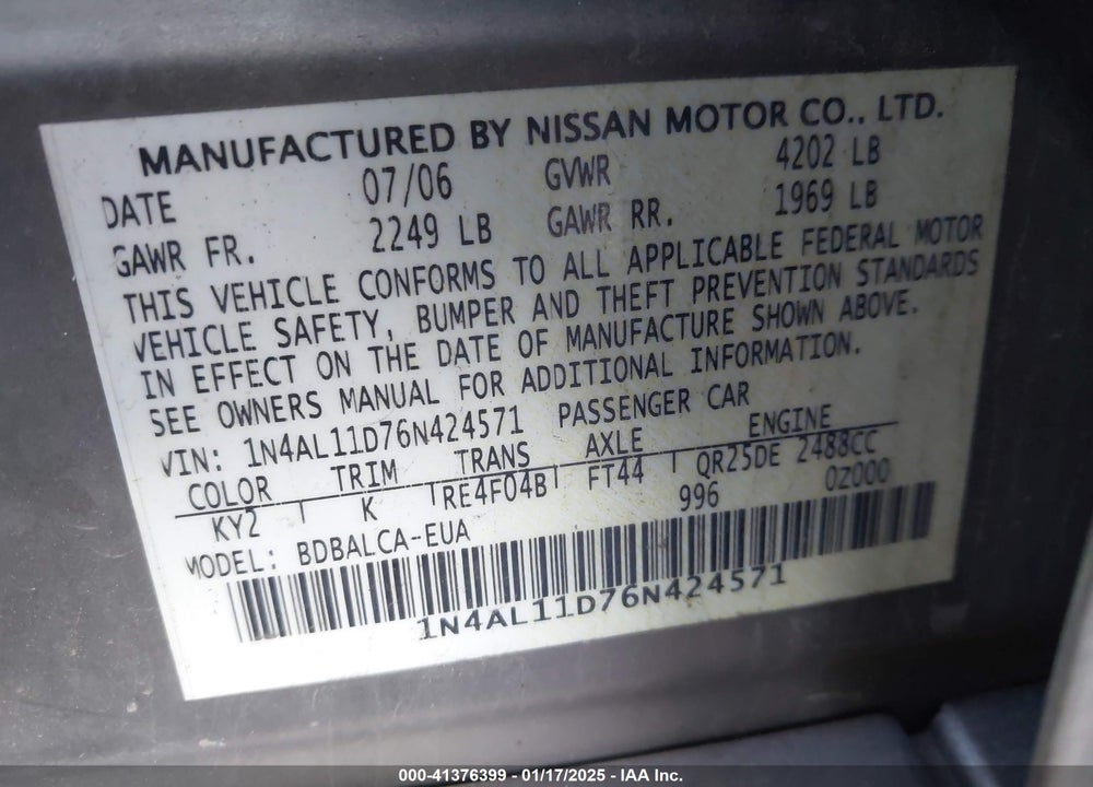 2006 NISSAN ALTIMA VIN: 1N4AL11D76N424571