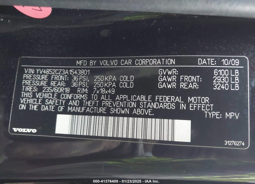 2010 VOLVO XC90 V8 VIN: YV4852CZ3A1543801