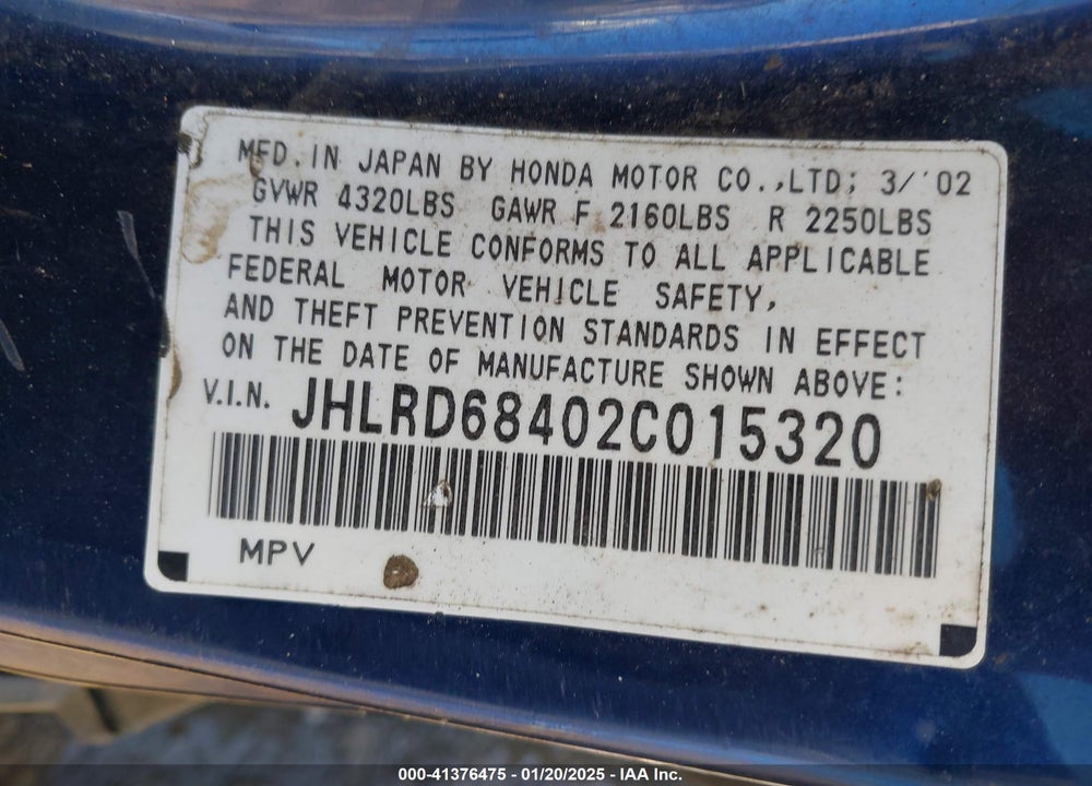 2002 HONDA CR-V LX VIN: JHLRD68402C015320