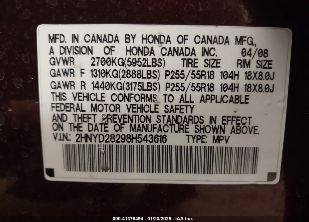 2008 ACURA MDX VIN: 2HNYD28298H543616