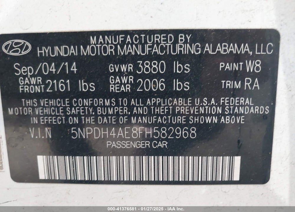 2015 HYUNDAI ELANTRA VIN: 5NPDH4AE8FH582968