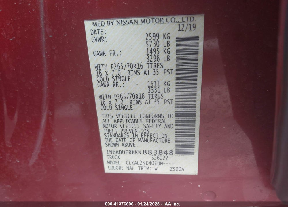 2019 NISSAN FRONTIER VIN: 1N6AD0ER8KN883848