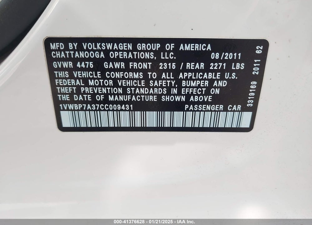 2012 VOLKSWAGEN PASSAT 2.5L SE VIN: 1VWBP7A37CC009431
