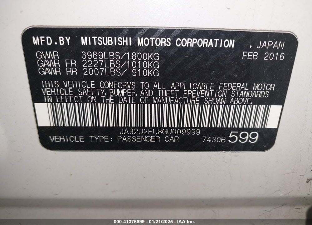 2016 MITSUBISHI LANCER ES VIN: JA32U2FU8GU009999