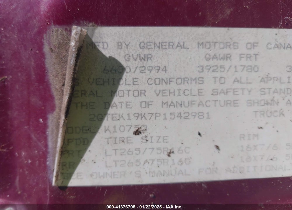 1993 GMC SIERRA K1500 VIN: 2GTEK19K7P1542981