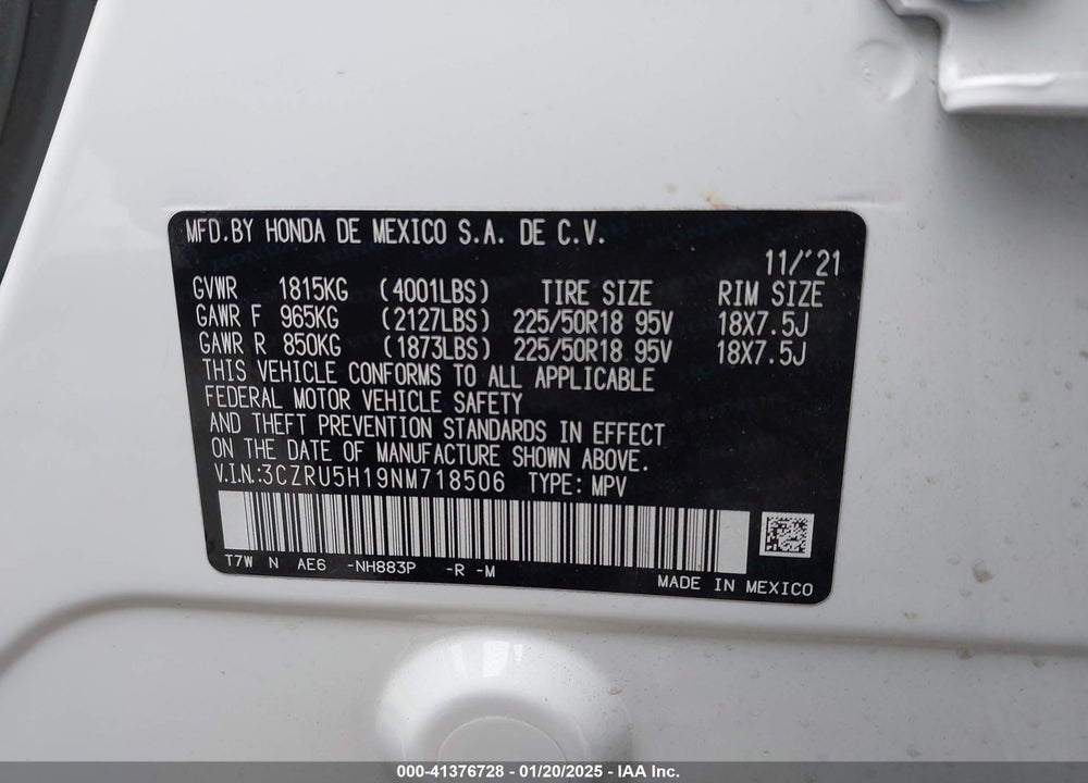 2022 HONDA HR-V 2WD SPORT VIN: 3CZRU5H19NM718506