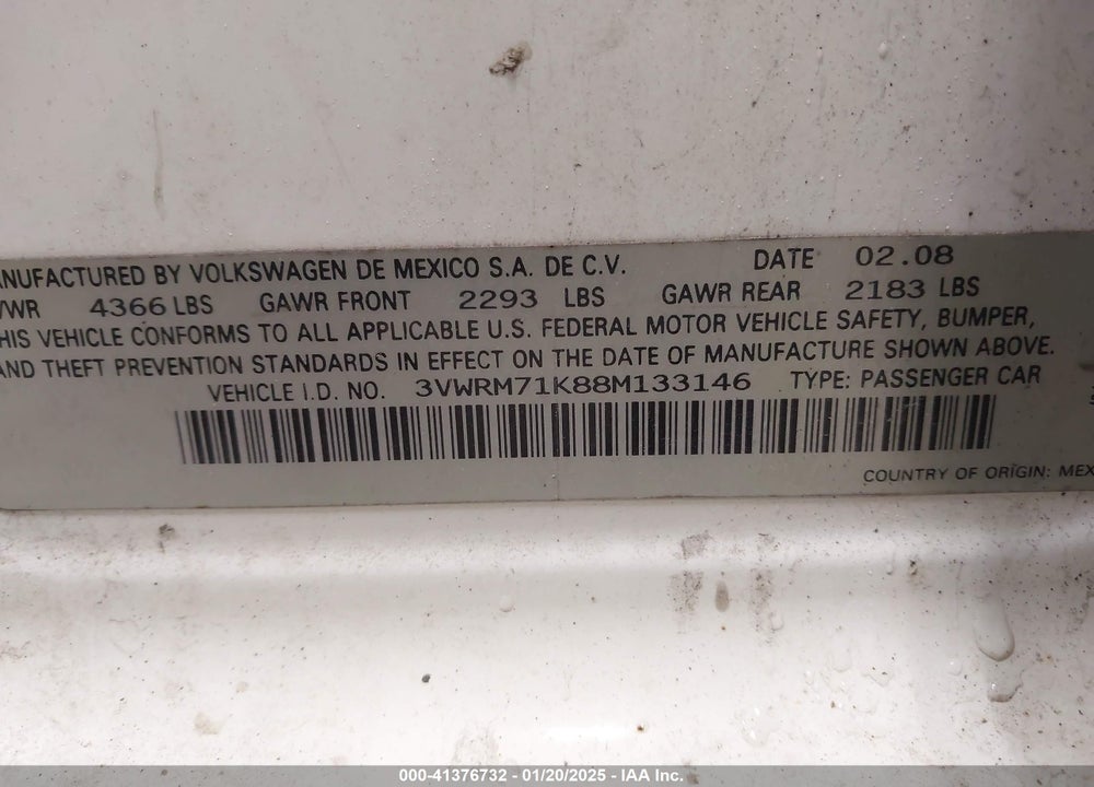 2008 VOLKSWAGEN JETTA SE/SEL VIN: 3VWRM71K88M133146