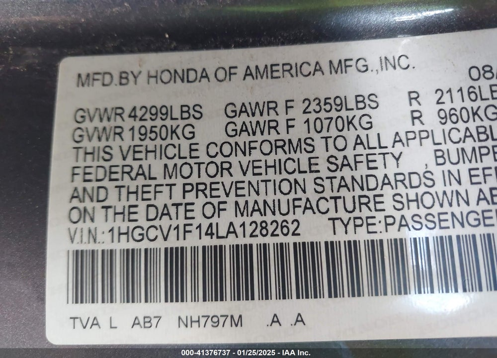 2020 HONDA ACCORD VIN: 1HGCV1F14LA128262