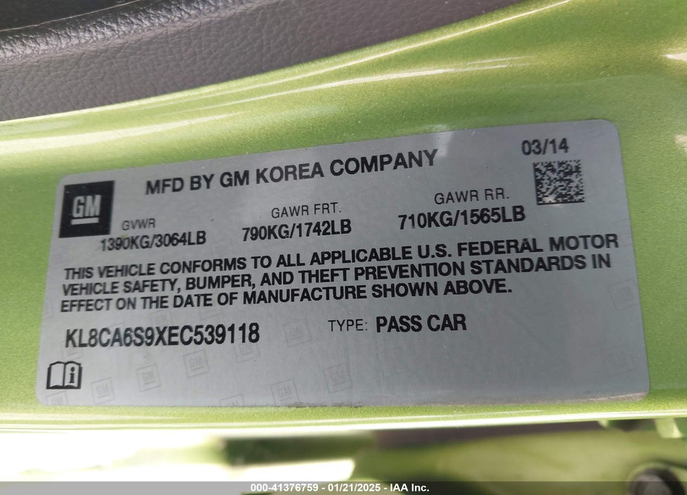 2014 CHEVROLET SPARK VIN: KL8CA6S9XEC539118