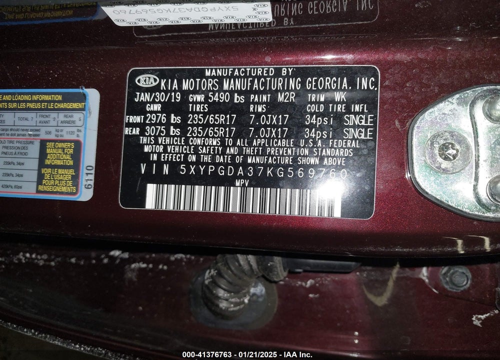 2019 KIA SORENTO 2.4L LX VIN: 5XYPGDA37KG569760