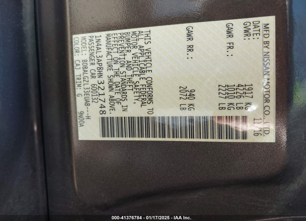 2017 NISSAN ALTIMA VIN: 1N4AL3AP8HN321748