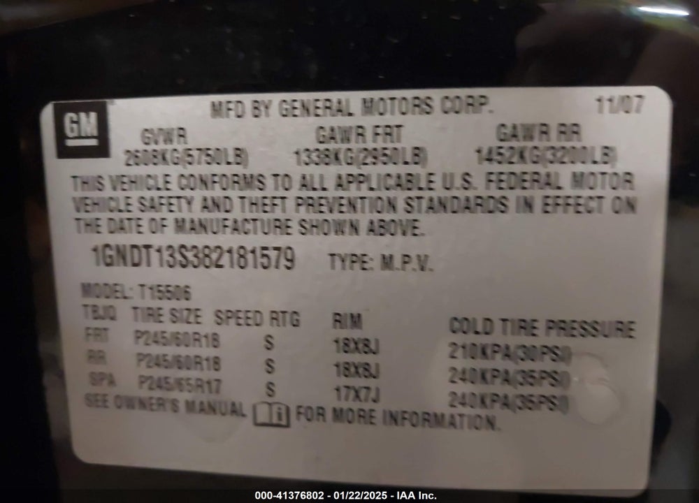 2008 CHEVROLET TRAILBLAZER LT VIN: 1GNDT13S382181579