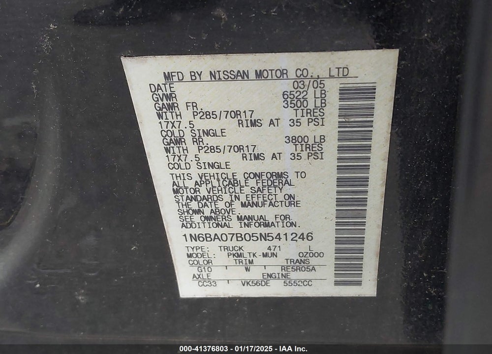 2005 NISSAN TITAN SE VIN: 1N6BA07B05N541246