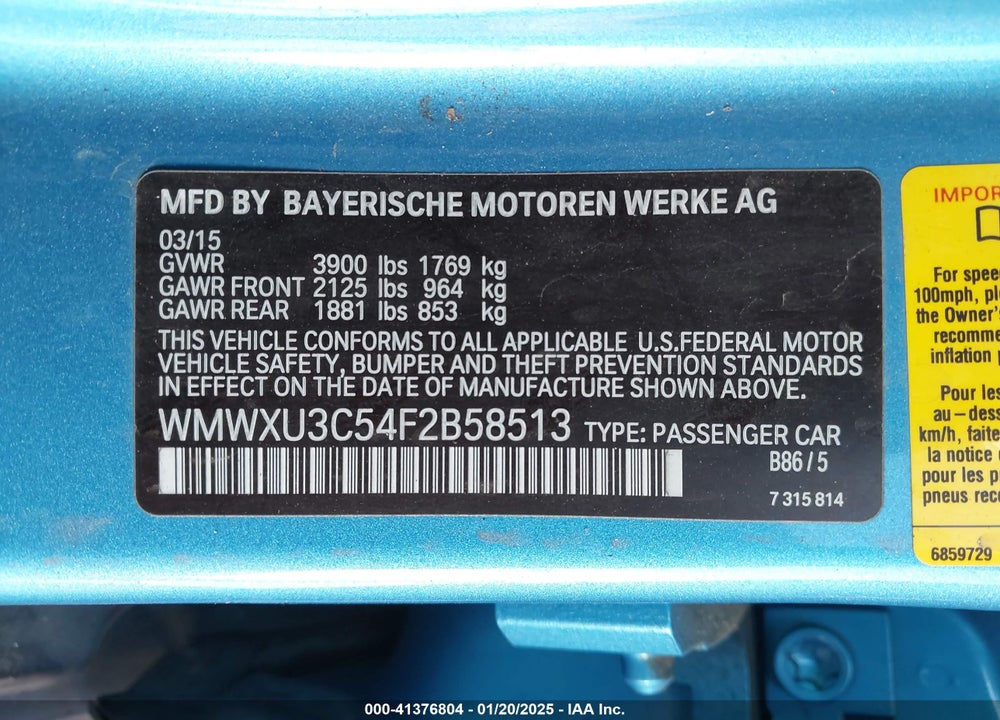 2015 MINI HARDTOP COOPER S VIN: WMWXU3C54F2B58513