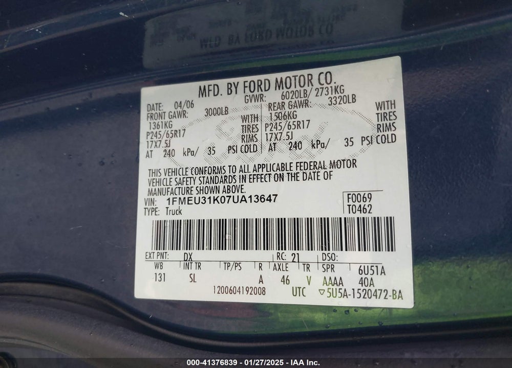 2007 FORD EXPLORER SPORT TRAC XLT VIN: 1FMEU31K07UA13647
