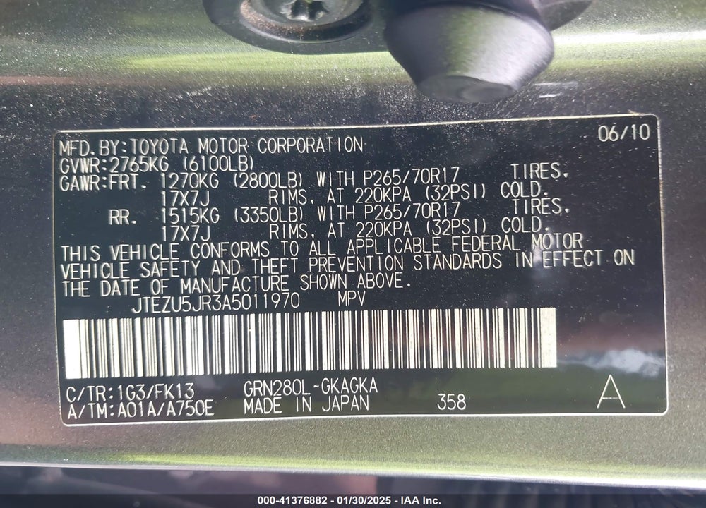 2010 TOYOTA 4RUNNER SR5 V6 VIN: JTEZU5JR3A5011970