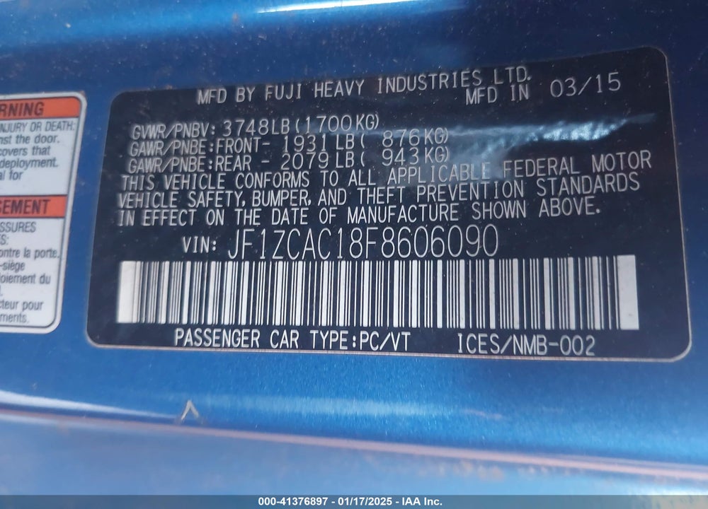 2015 SUBARU BRZ LIMITED VIN: JF1ZCAC18F8606090