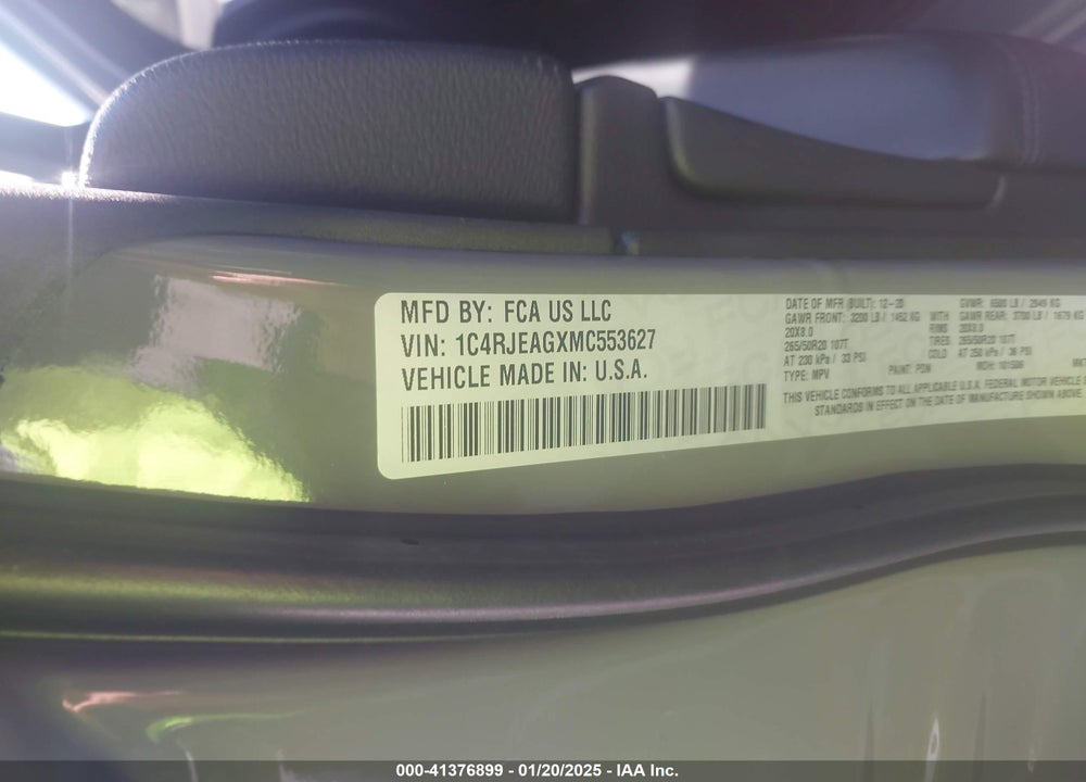 2021 JEEP GRAND CHEROKEE VIN: 1C4RJEAGXMC553627