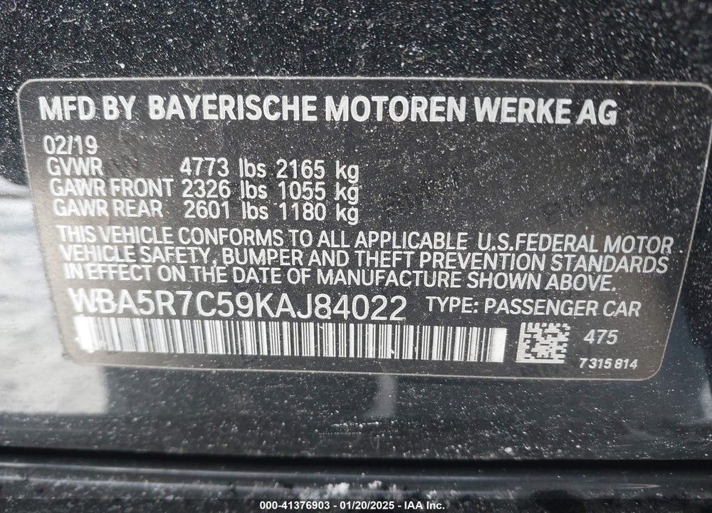 2019 BMW 330I XDRIVE VIN: WBA5R7C59KAJ84022