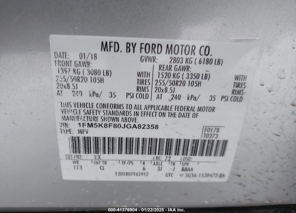 2018 FORD EXPLORER LIMITED VIN: 1FM5K8F80JGA82358