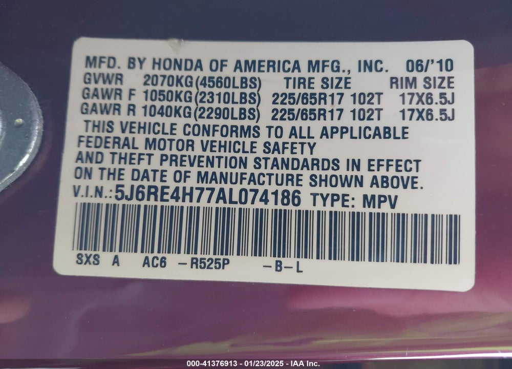 2010 HONDA CR-V EX-L VIN: 5J6RE4H77AL074186