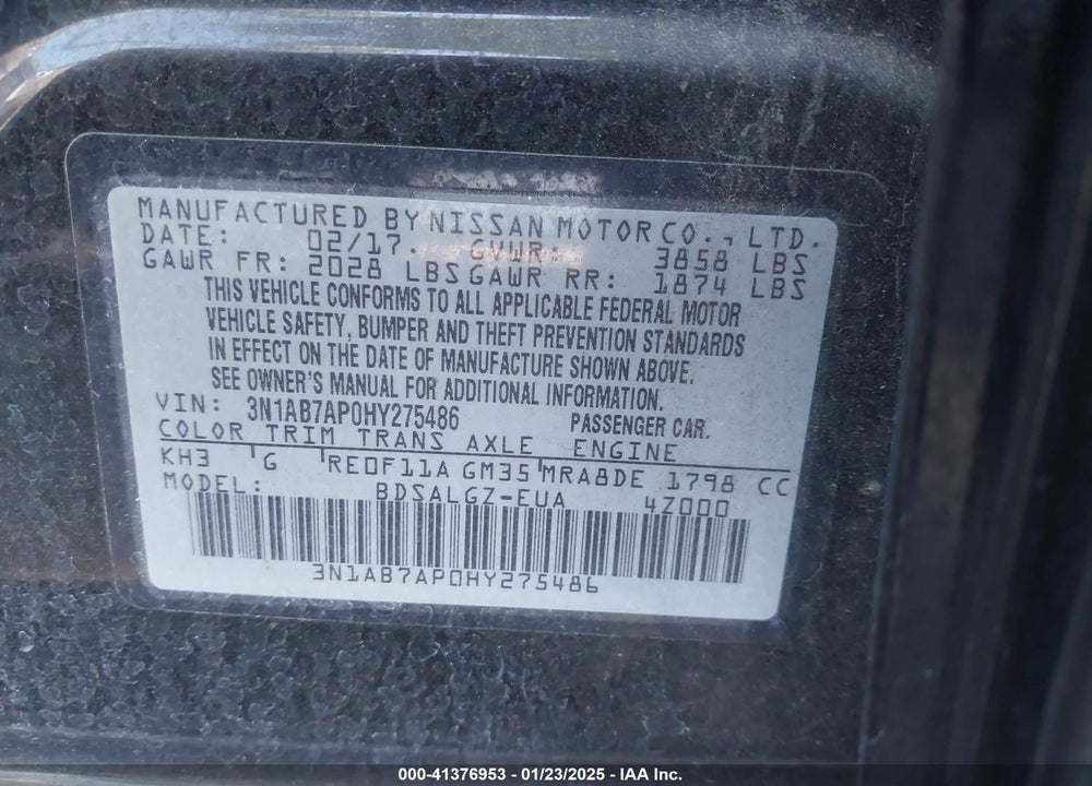 2017 NISSAN SENTRA SL VIN: 3N1AB7AP0HY275486