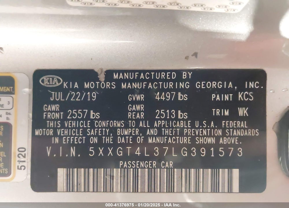 2020 KIA OPTIMA VIN: 5XXGT4L37LG391573