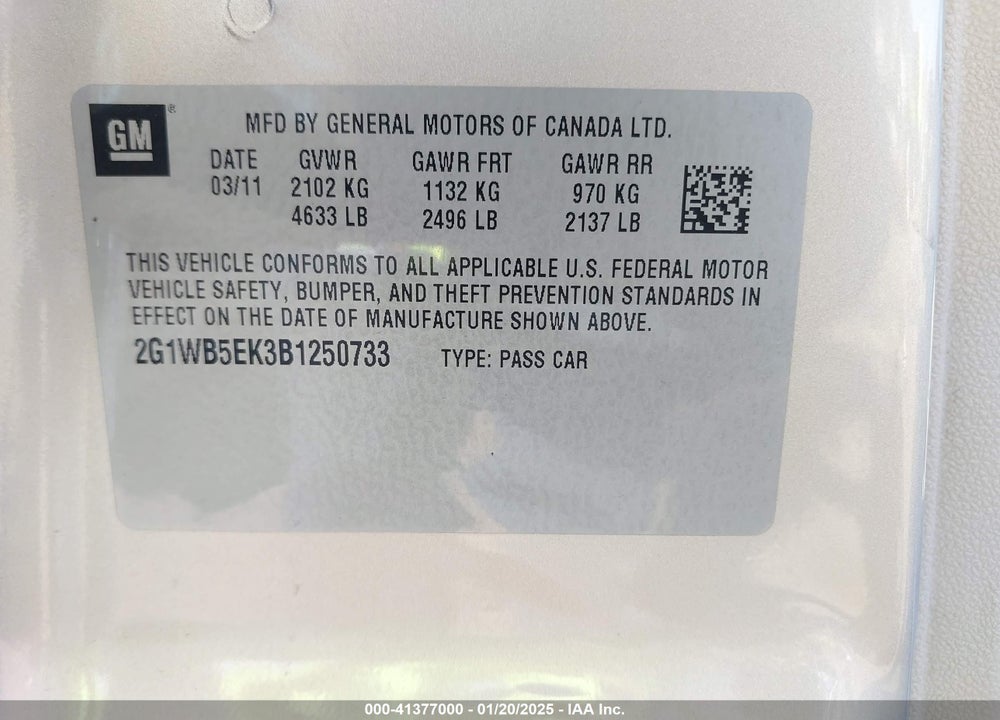 2011 CHEVROLET IMPALA LT VIN: 2G1WB5EK3B1250733