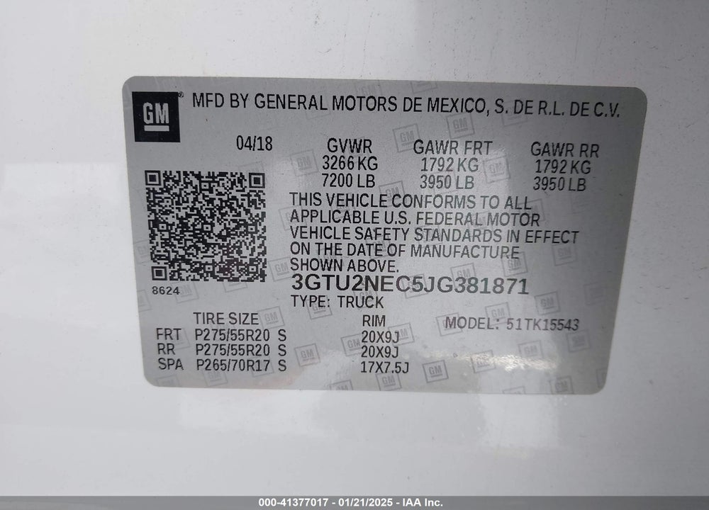 2018 GMC SIERRA 1500 VIN: 3GTU2NEC5JG381871