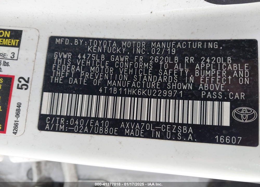 2019 TOYOTA CAMRY VIN: 4T1B11HK6KU229971