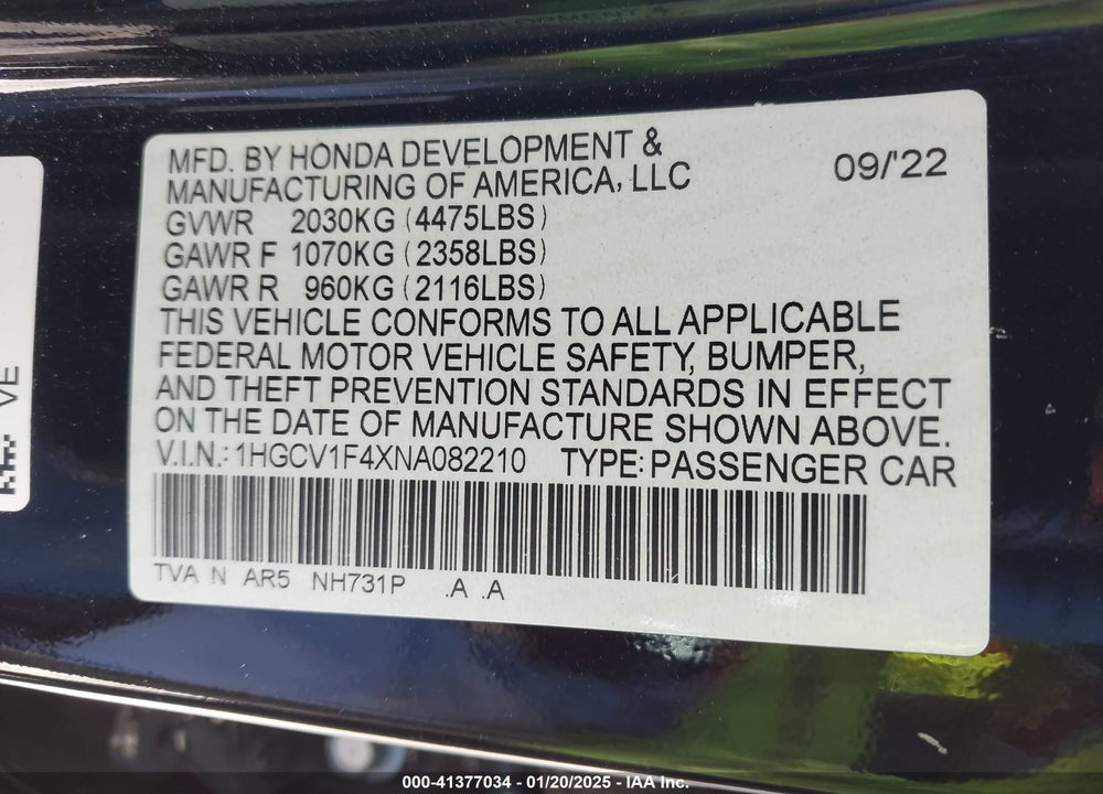 2022 HONDA ACCORD VIN: 1HGCV1F4XNA082210