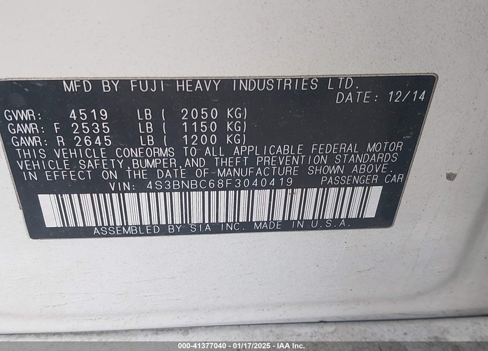 2015 SUBARU LEGACY VIN: 4S3BNBC68F3040419