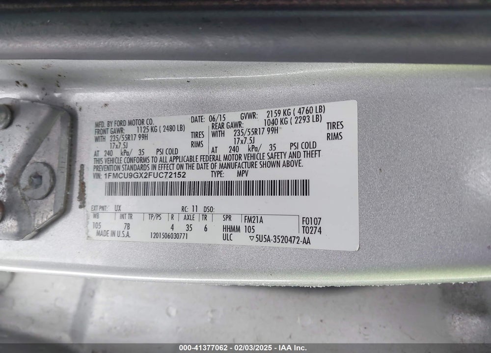 2015 FORD ESCAPE SE VIN: 1FMCU9GX2FUC72152