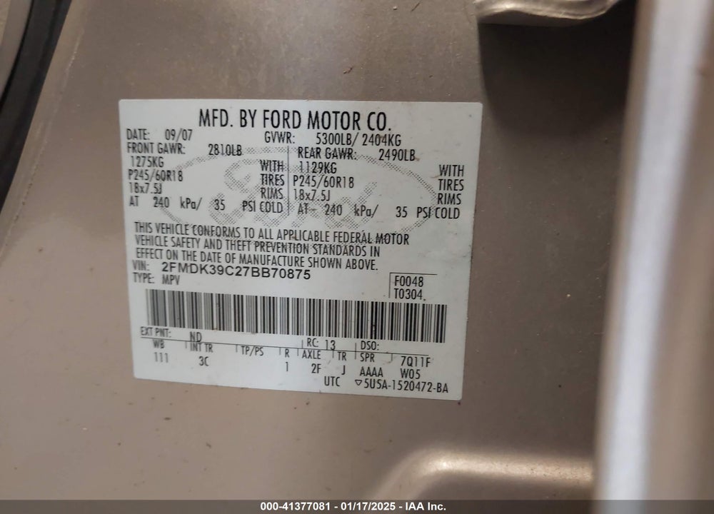 2007 FORD EDGE SEL PLUS VIN: 2FMDK39C27BB70875