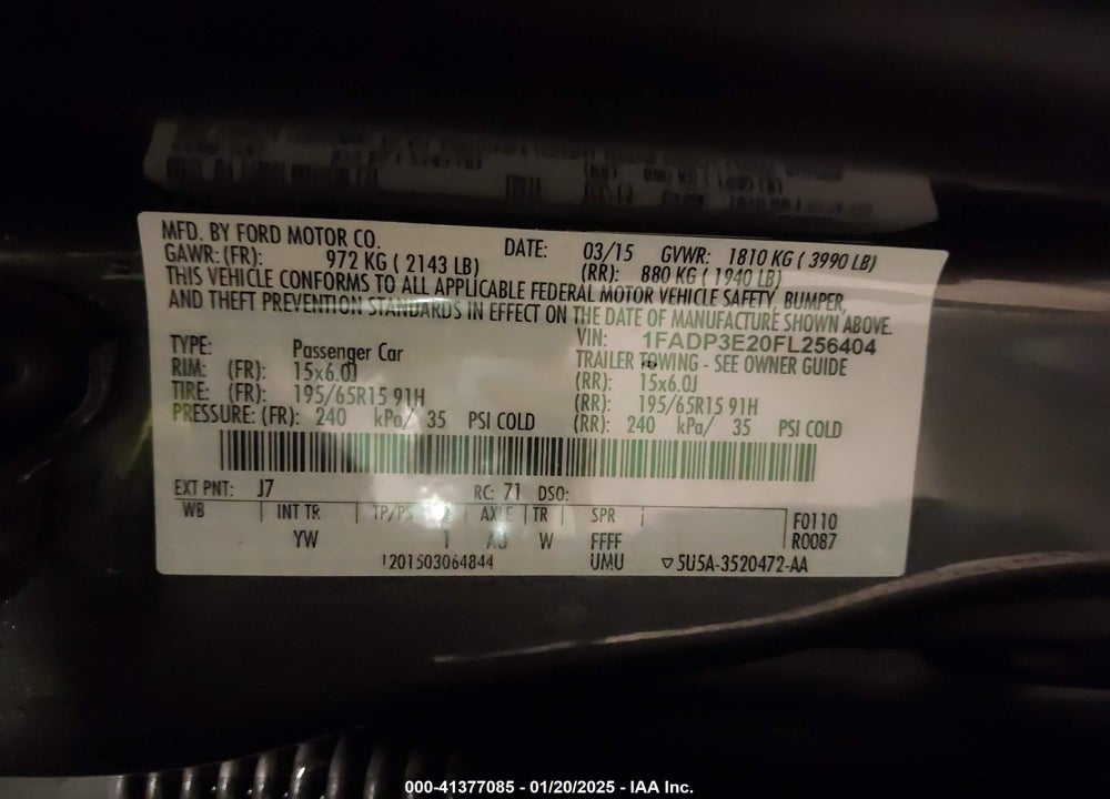 2015 FORD FOCUS VIN: 1FADP3E20FL256404