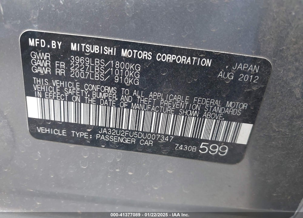 2013 MITSUBISHI LANCER VIN: JA32U2FU5DU007347
