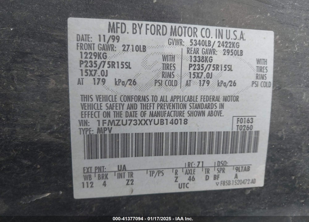 2000 FORD EXPLORER XLT VIN: 1FMZU73XXYUB14018